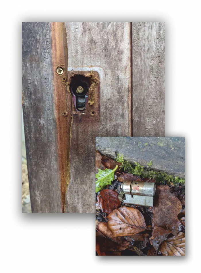 Snapped standard lock on an outhouse door after a burglary in the New Forest
