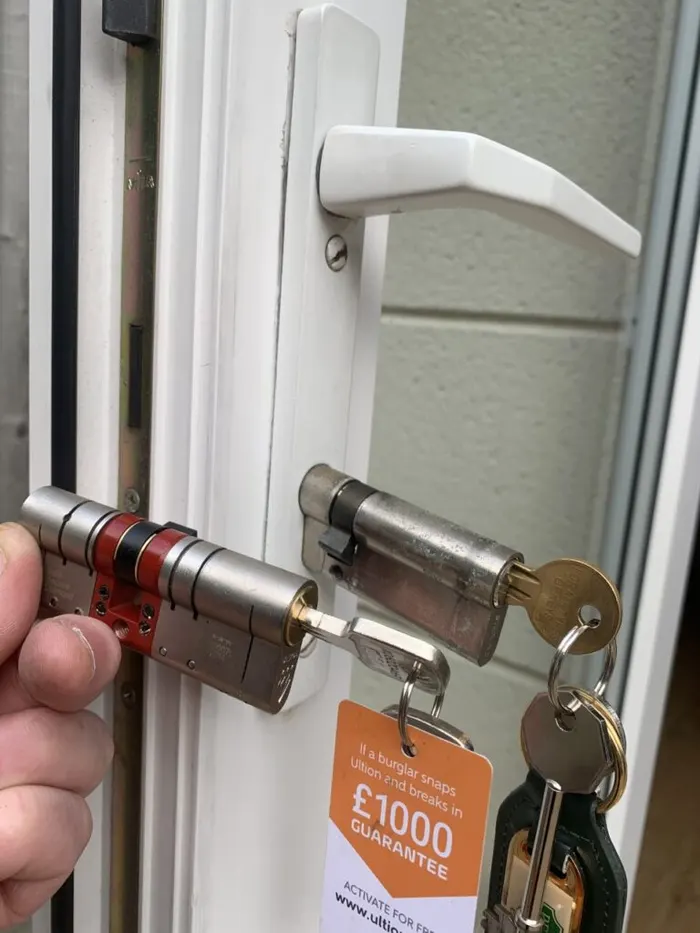 Ultion WXM anti-snap cylinder alongside a standard euro cylinder