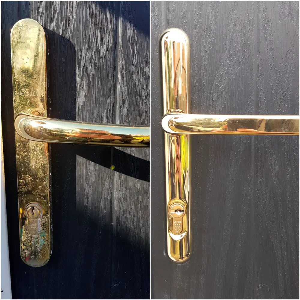 Before and after of a worn Yale handle replaced with a new gold handle and Ultion cylinder
