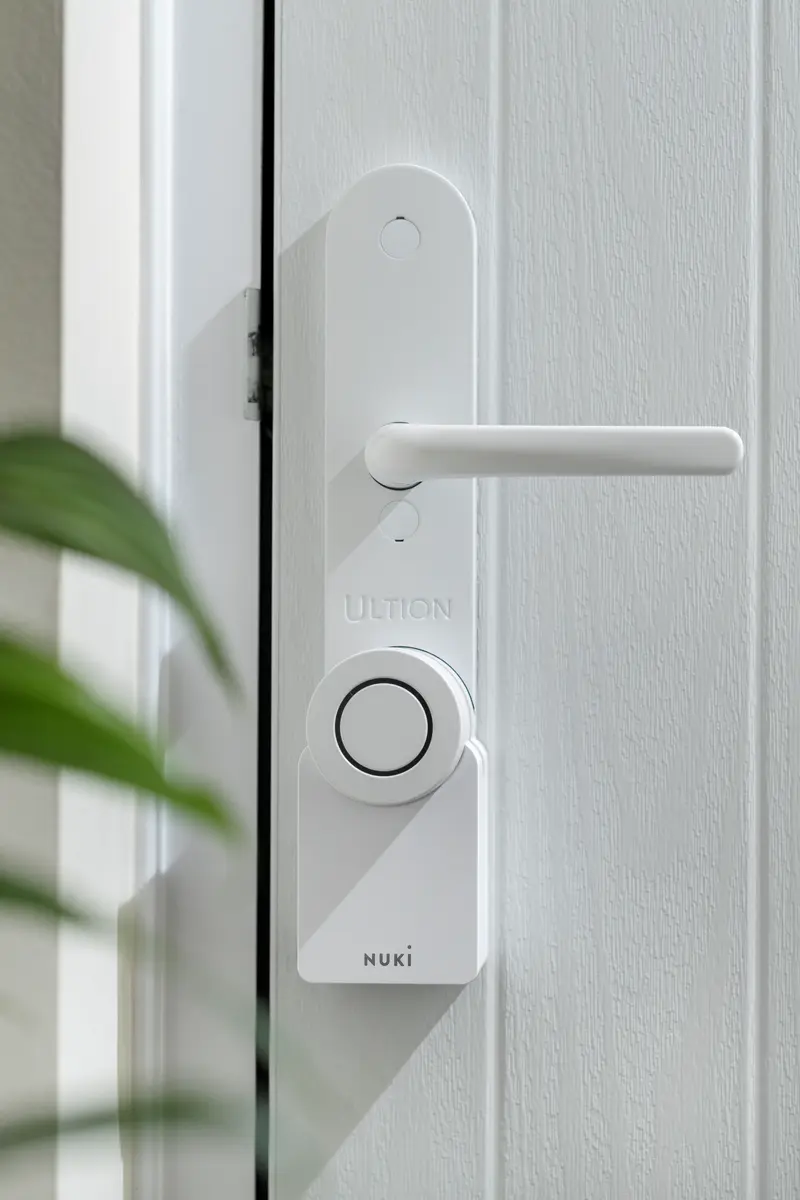 White Ultion Nuki smart lock and matching handle fitted to the inside of a white composite door