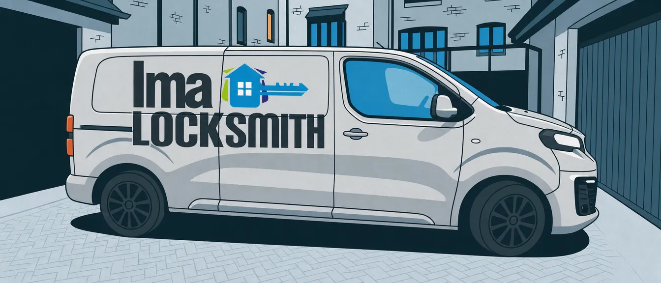 Flat vector illustration of the IMA Locksmith van on its rounds